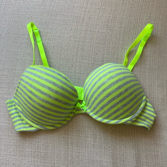 La Senza Bra, 38B, Neon Striped, Green, Grey, Lace Trim, NWOT